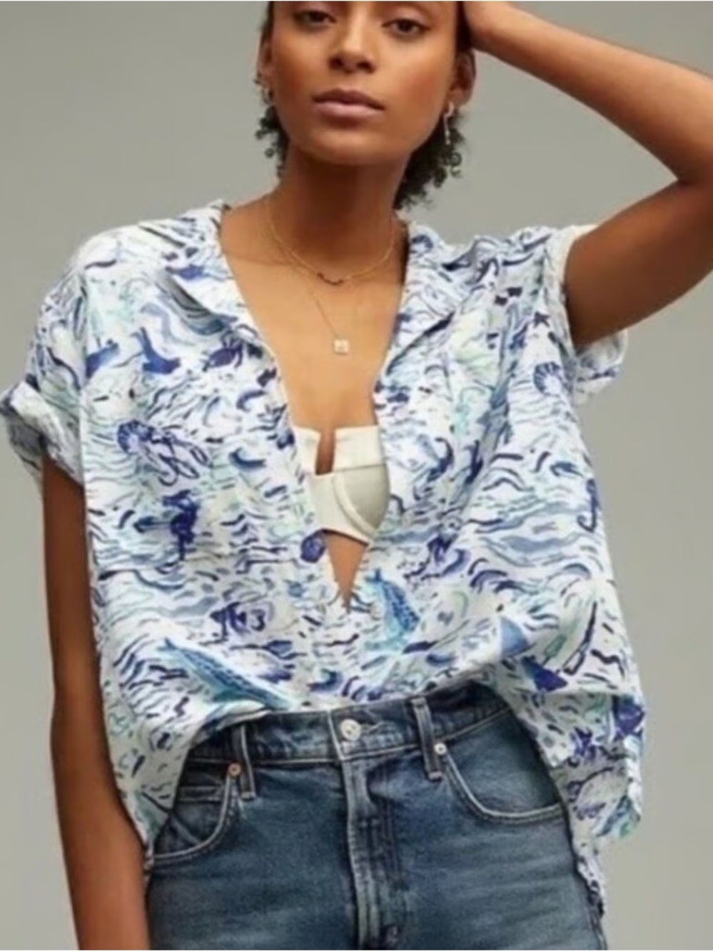 Maeve by Anthropologie linen blend Classic Surf Shirt in wave motif open back xs